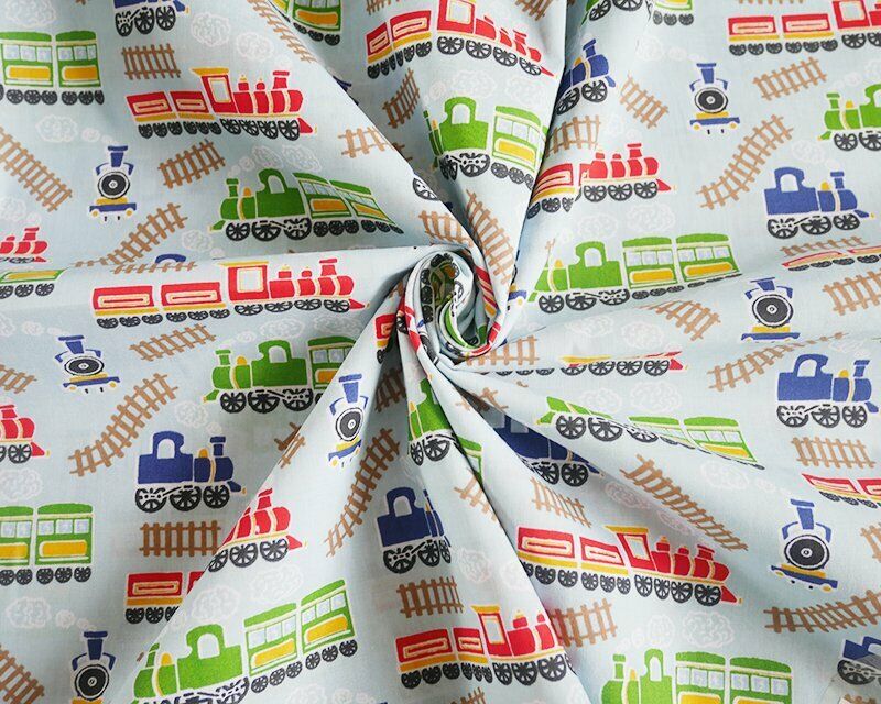 Train Track Sky Polycotton Children Fabric - Home - Crafts