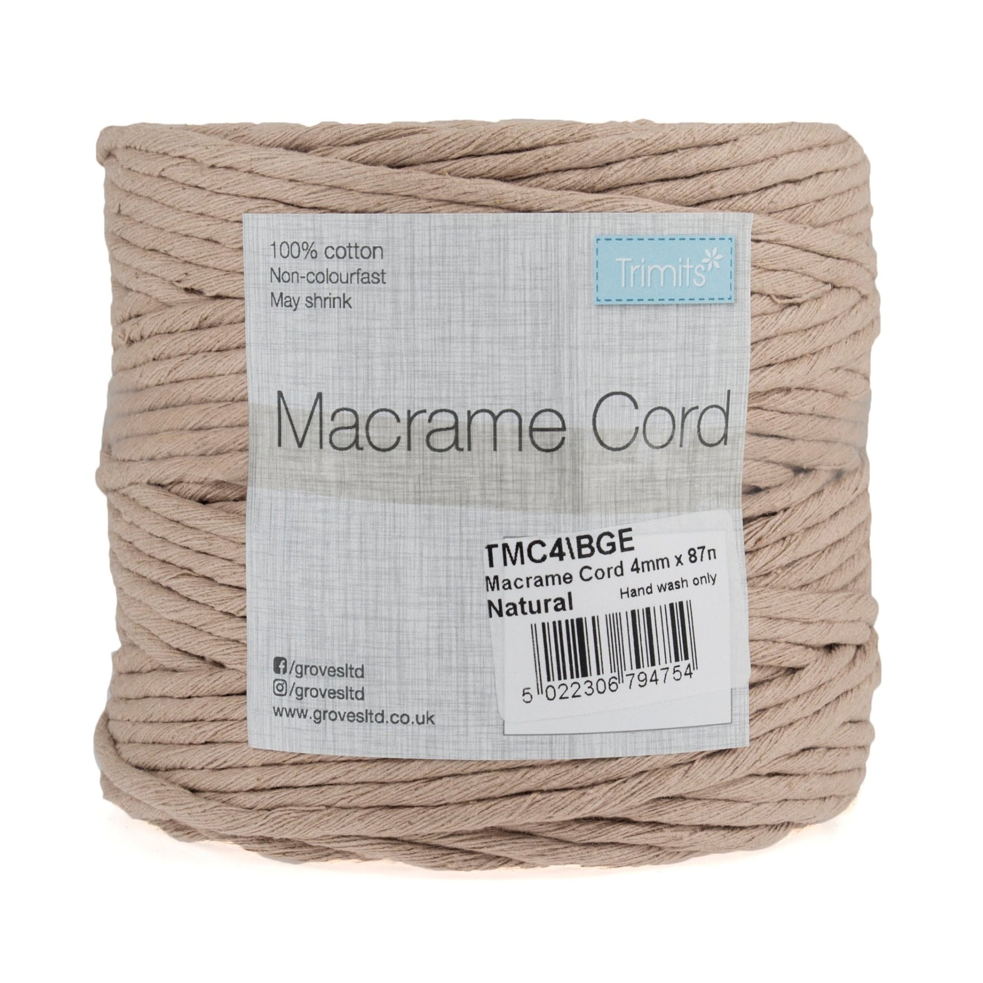 Trimits Macramé Cotton Cord Spool Jewellery Craft 87m x 4mm 0.5kg - Select Colour - Home - Crafts