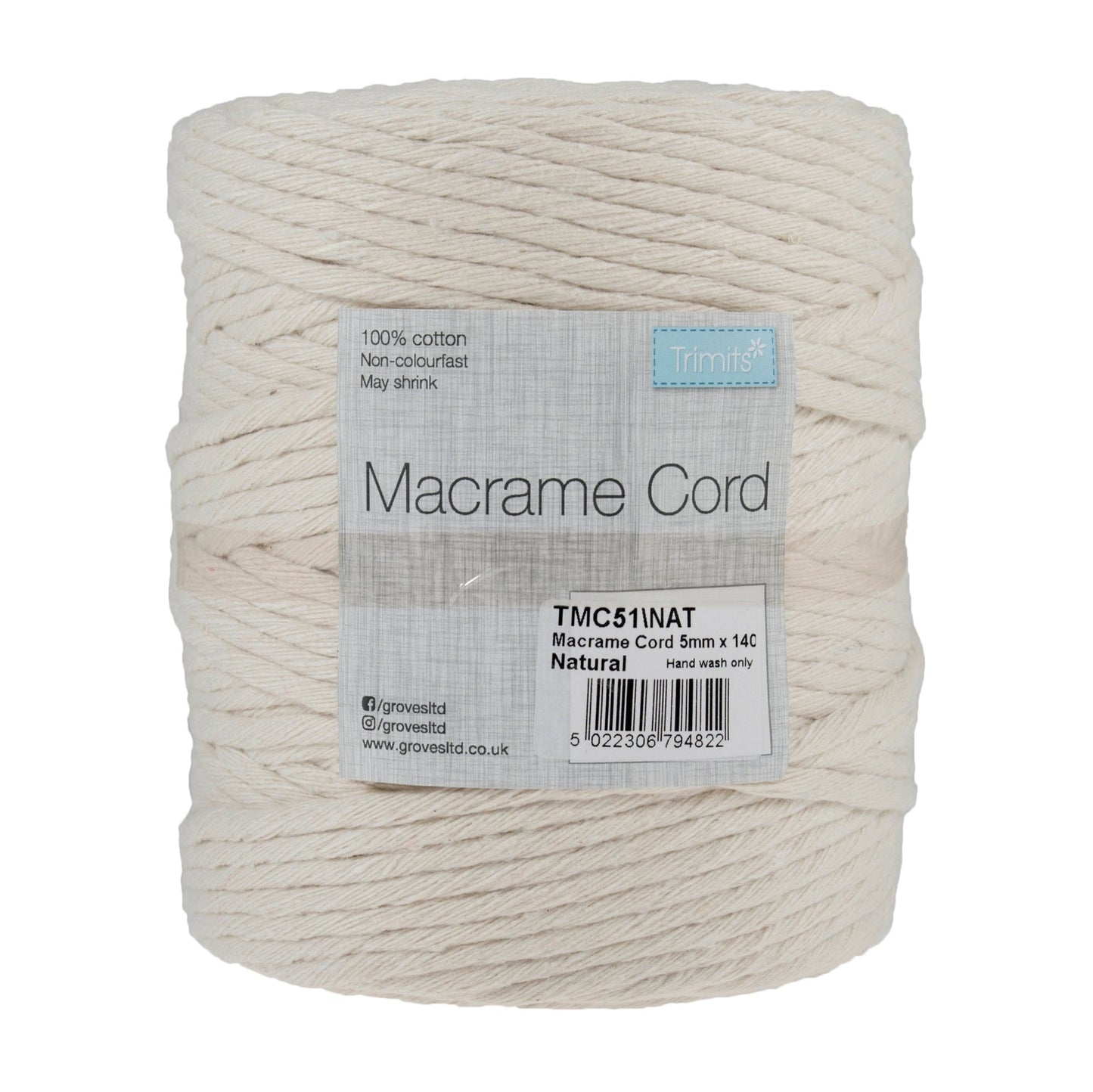 Trimits Natural Macramé Cotton Cord Spool Jewellery Making Crafts - Select Size