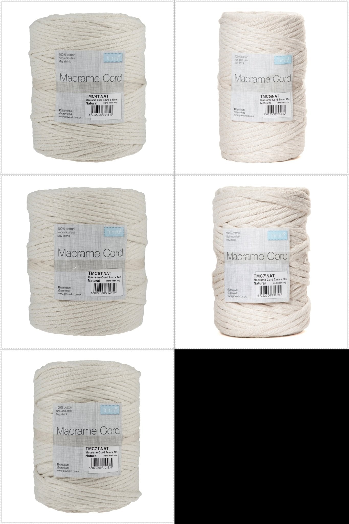 Trimits Natural Macramé Cotton Cord Spool Jewellery Making Crafts - Select Size