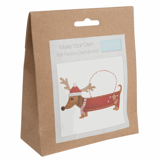 Trimits Pre - Punched Shaped Acrylic Felt Kit For Beginners 4.5 x 11.6cm - Festive Dachshund - Home - Crafts