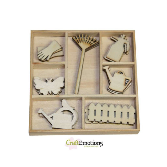 Wooden Ornament Decorations Embellishments Toppers 7 x Assorted Design Garden Tools - Home - Crafts