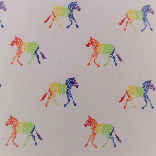 Zebra Rainbow White Polycotton Children Fabric Sold By Half Metre